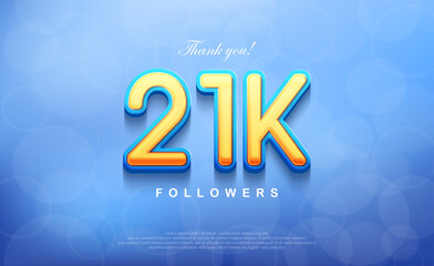 21k number for thanking followers, unique bokeh blue background.
