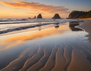 Dramatic coastal scene with a pretty sunset over the ocean, where dark clouds contrast against fiery orange hues, creating a powerful and captivating atmosphere along the tranquil shoreline.