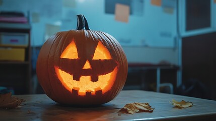 Illuminated pumpkin jack-o'-lantern on a wooden table.
