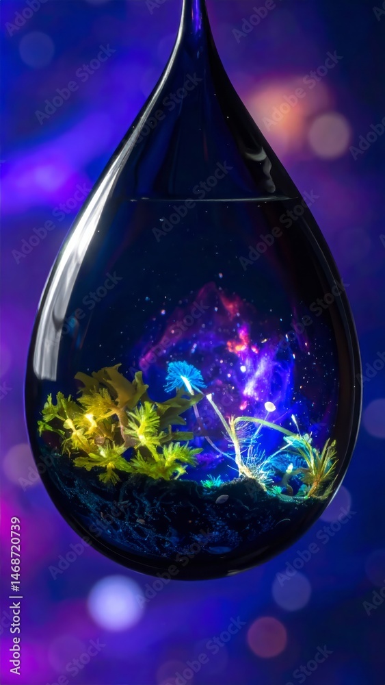 Wall mural captivating water drop with a vibrant underwater scene and cosmic nebula inside creating a surreal a