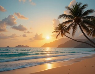 Beautiful tropical beach scene featuring a pretty sunset over ocean, with swaying palm trees, gentle waves lapping at the shore, and vibrant colors illuminating the sky and water.
