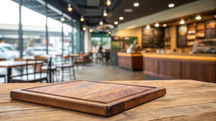 Empty wooden table space platform and blurry defocused restaurant interior, Vintage tone