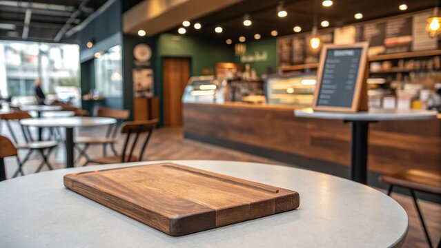 Empty wooden table space platform and blurry defocused restaurant interior, Vintage tone