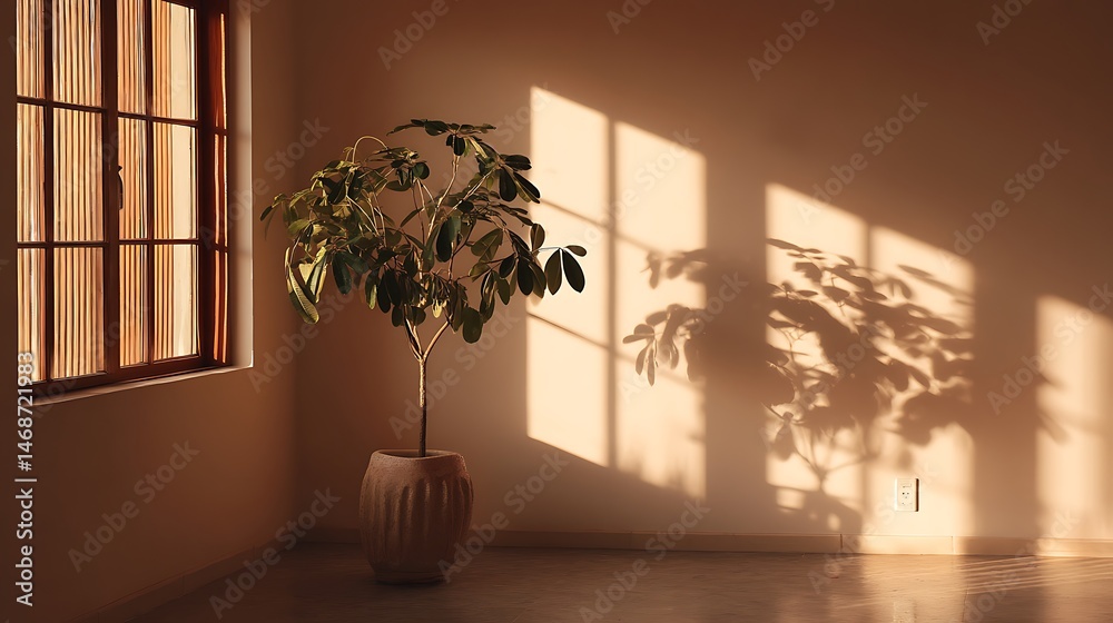 Poster sunlight casts soft shadows across a minimalist room with a decorative indoor plant