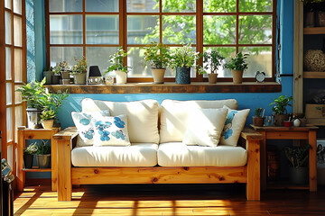 Wooden Sofa with White Cushions in Sunlit Room