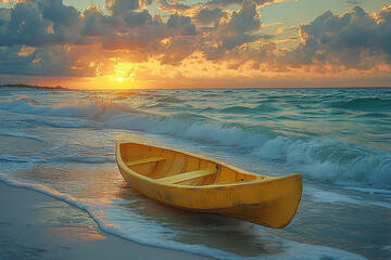 Yellow Canoe on Sandy Beach at Sunrise