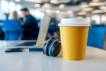 Yellow Coffee Cup and Headphones on a White Desk in a Modern Office