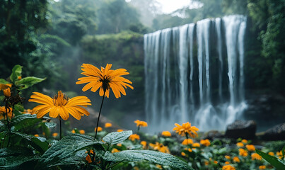 Yellow Flowers and Waterfall in Lush Rainforest