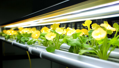 Yellow Flowers Growing Under LED Lights in Hydroponic System
