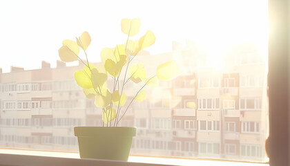Yellow Potted Plant in Sunlight Against City View