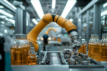 Yellow Robotic Arm Handling Bottles on Assembly Line in Factory