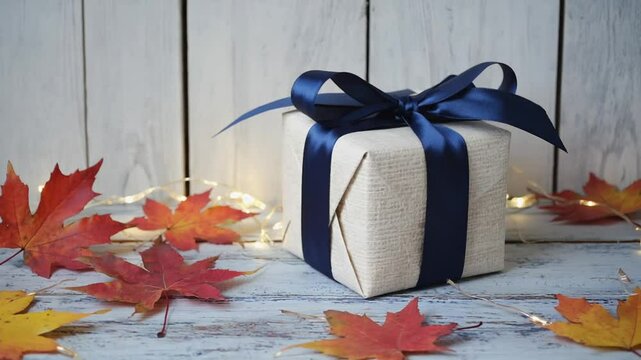 Wrapped Gift with Ribbon on Wood with Fall Leaves and Lights