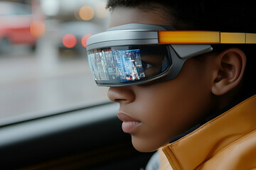 Young Boy Wearing Futuristic Smart Glasses in a Moving Vehicle