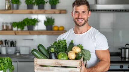 Healthy Man Holding a Wooden Crate of Fresh Green Vegetables in a Modern Kitchen