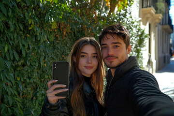 Young Couple Taking a Selfie Outdoors in a City Setting