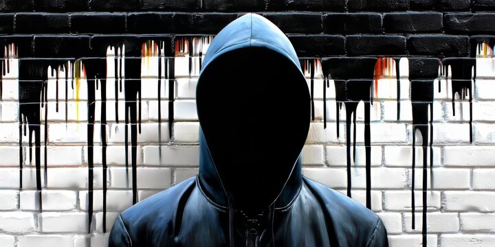 Graffiti Silhouette in Hood on White Brick Wall