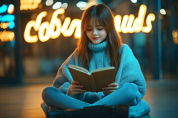 Young Girl Reading a Book at Night in a City Setting