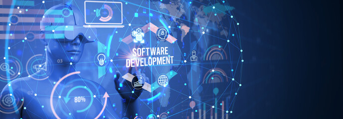 Inscription Software Development on the virtual display. Business, modern technology, internet and networking concept. 3d illustration