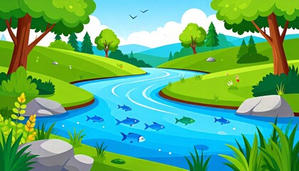 Cartoon river landscape with fish swimming in clear water and lush green banks perfect for children's illustrations and nature themed designs