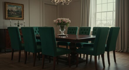 Elegant dining room with long table green chairs and chandelier.