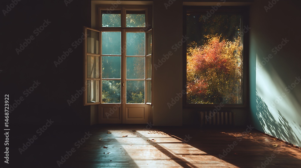 Poster sunlight streaming through a large window highlights the autumn foliage outside a minimalist room