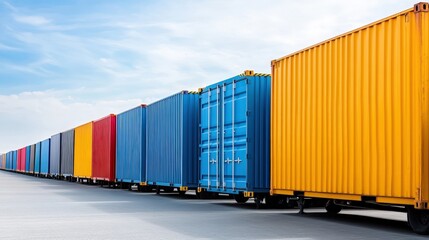 A row of colorful freight containers sits on a rail track under a clear sky, illustrating modern cargo transport and logistics.