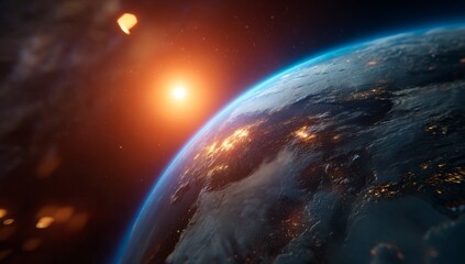 Obraz premium View of Earth from Space with Glowing Lights on the Horizon