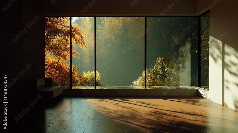 Poster sunlight streaming through a large window highlights the autumn foliage outside a minimalist room