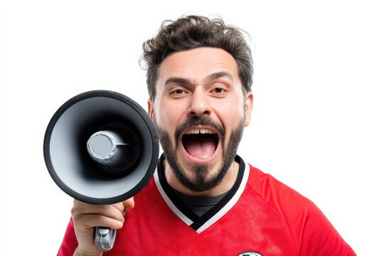 Bearded man shouting through megaphone passionately.