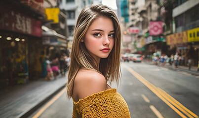 Young Woman in Yellow Sweater Posing on City Street
