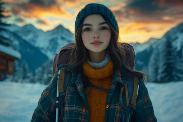 Young Woman Traveler in Snowy Mountains at Sunset
