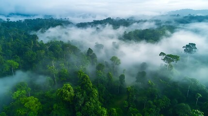 Fototapeta premium Misty morning over a dense tropical rainforest.