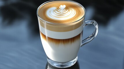 A glass mug of layered coffee drink with latte art.