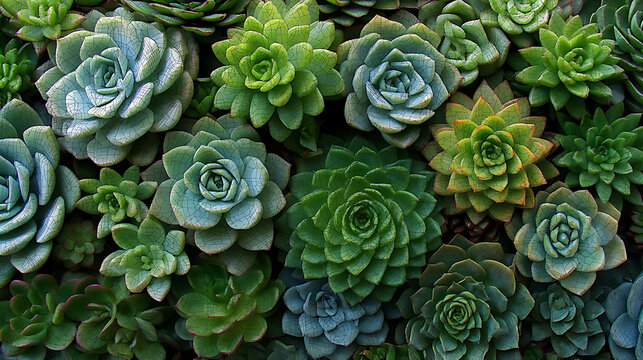 Collection of green succulent plants are beautifully displayed in geometric mosaic. arrangement evokes sense of tranquility and natural harmony