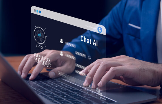 Man using hand AI, Artificial Intelligence to generate content. Text to image, speech, smart AI, by enter command prompt for generates something, Futuristic technology