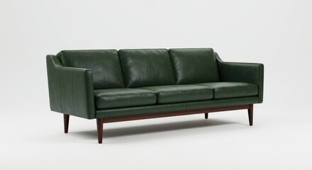 Green leather sofa with wooden legs against a white background in studio.