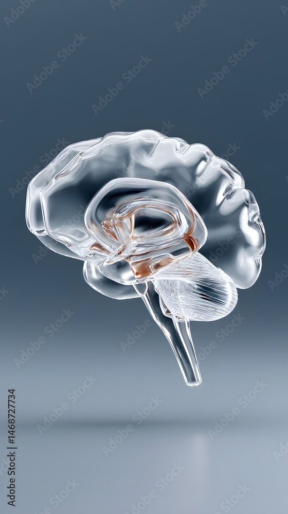 Poster hyper-realistic clear glass brain 3d render, floating with visible internal neural complexity, smoot