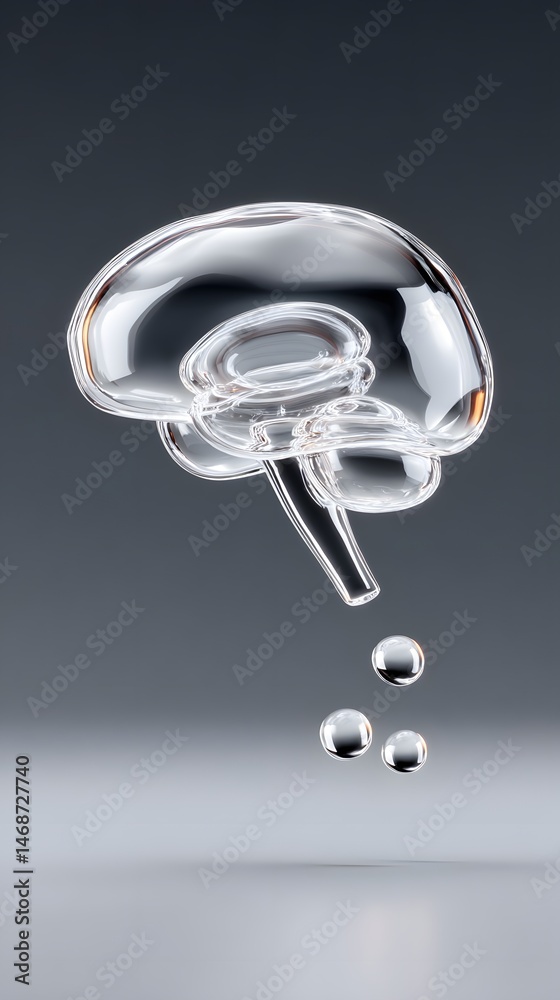 Poster hyper-realistic clear glass brain 3d render, floating with visible internal neural complexity, smoot