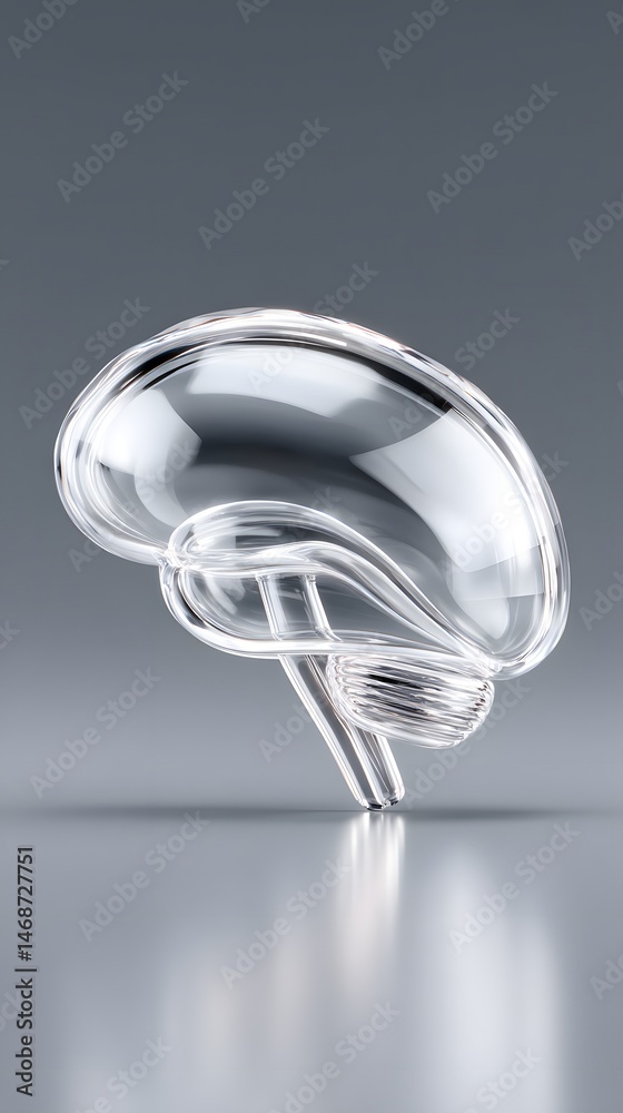 Poster hyper-realistic clear glass brain 3d render, floating with visible internal neural complexity, smoot