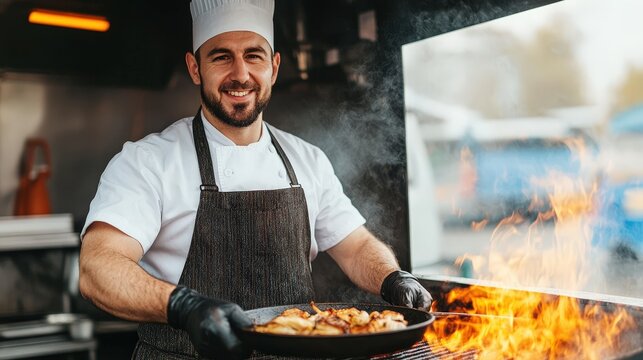 A chef grilling food outdoors, smiling while holding a pan over an open flame.