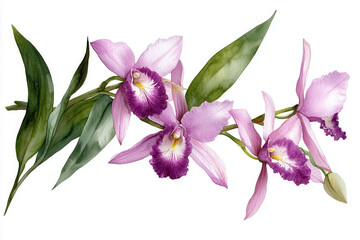 Watercolor botanical illustration of pink orchids with green leaves, showcasing delicate petals and vibrant colors
