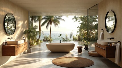 Fototapeta premium Coastal bathroom with tropical views