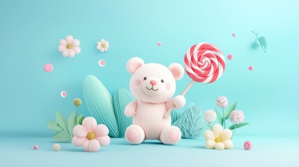 Tiny stuffed animal holding a lollipop, cute pastel cubism vector art full of sweetness