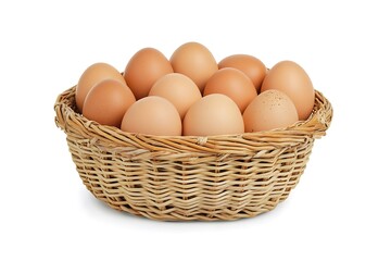 Fresh Brown Chicken Eggs Full Basket with Straw Weave Against White Background