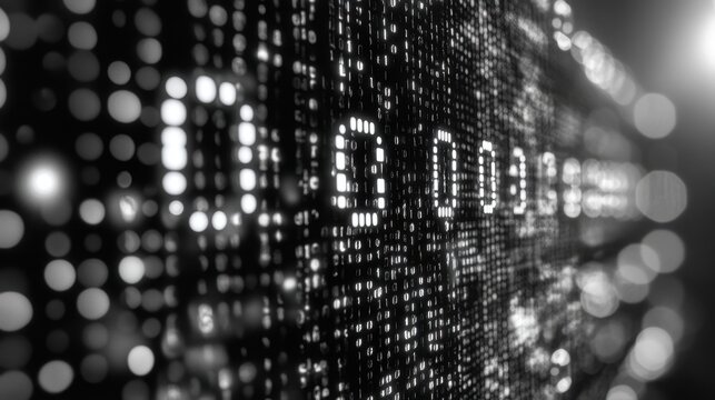 Abstract Binary Code Matrix Wall in Monochrome with Bokeh Background Data and Zero One Numbers Digital Information Technology and Cybersecurity Concept