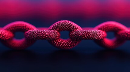 A close-up of a glowing pink metallic chain with a mesh-like texture against a dark background.