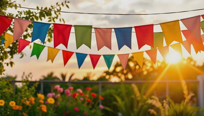 Garland of colorful flags at sunset in summer garden. Concept of celebration Happy Birthday party. Paper festive decoration outdoor , with white tonespng