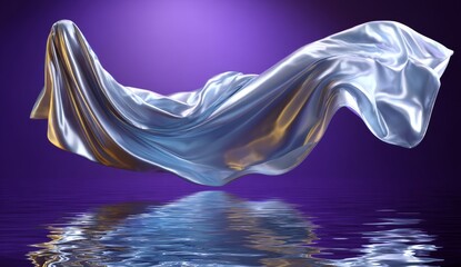 3D Render of Floating Iridescent Cloth with Water Reflection on Purple Background