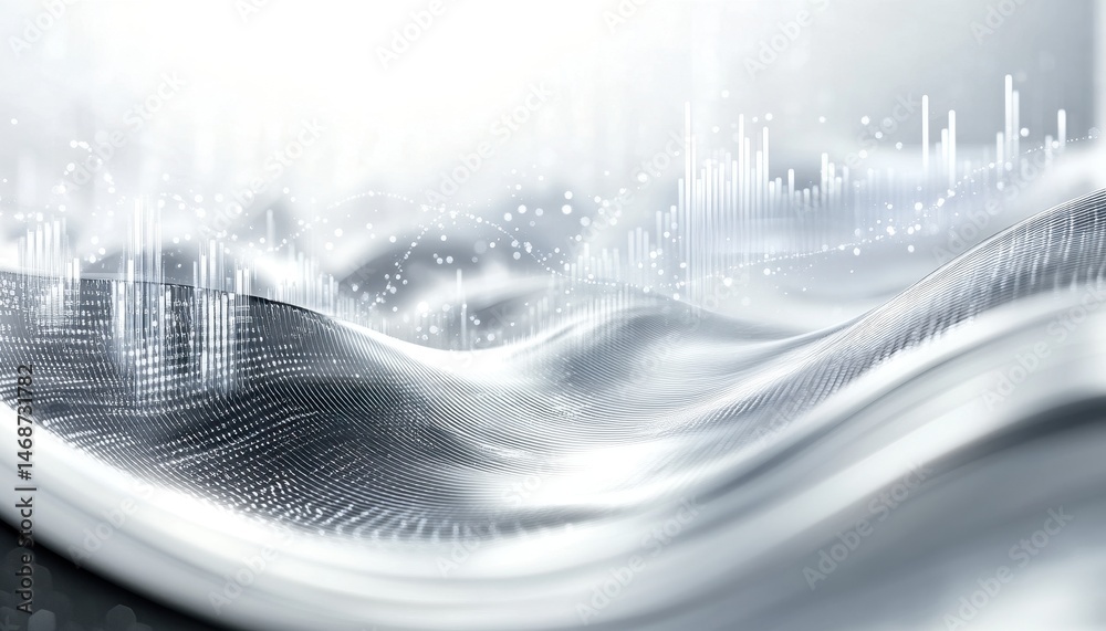 Poster Abstract White Wavy Background with Digital Network Data Visualization and Modern Futuristic Design