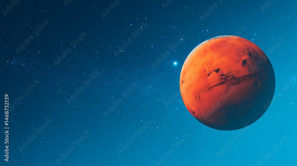 Poster the planet mars in red on a bright blue background with bright stars